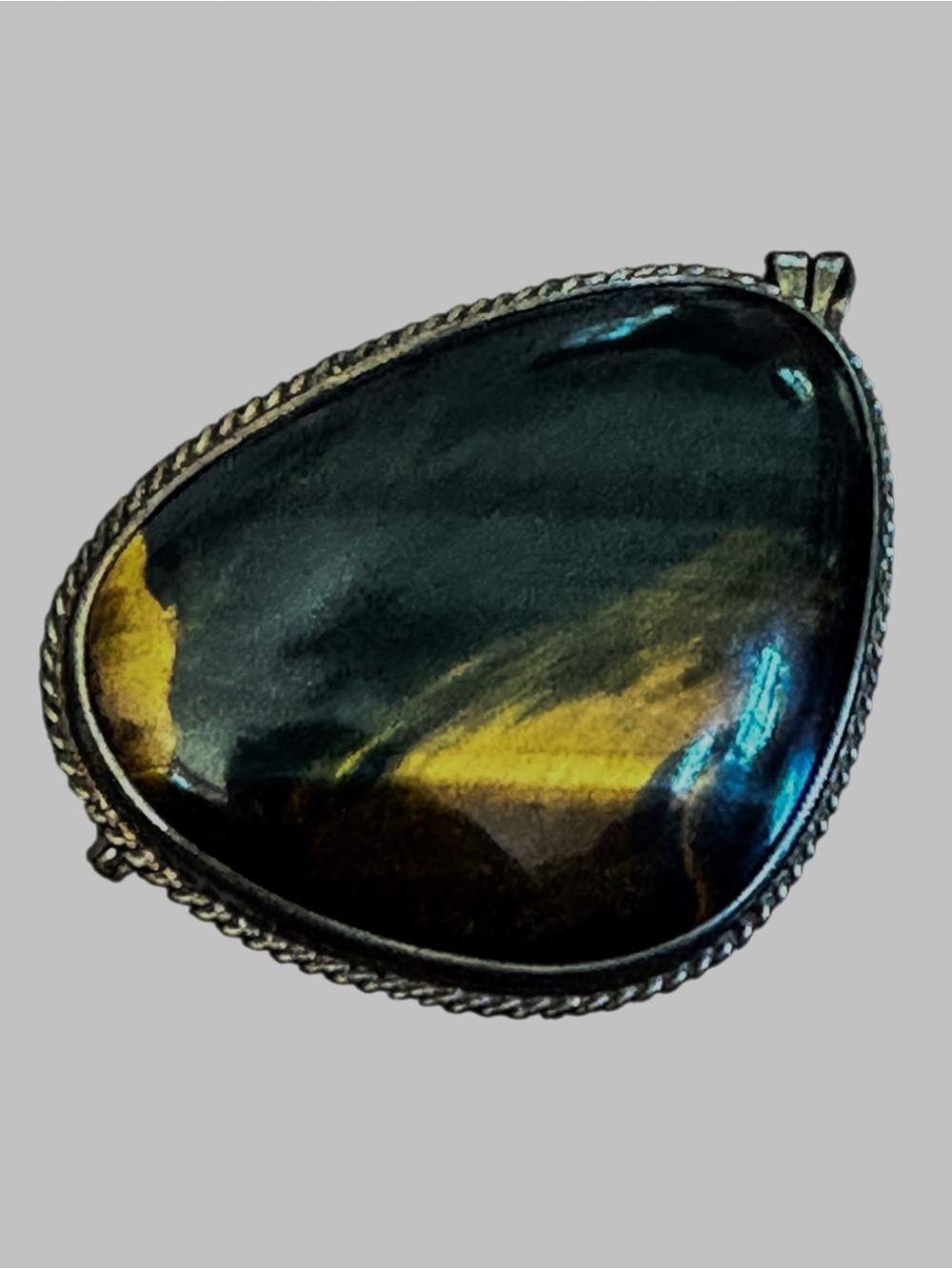 Vintage Blue Tiger Eye Brooch Pendant, Large Hawk’s Eye Gemstone - Picture 16 of 17